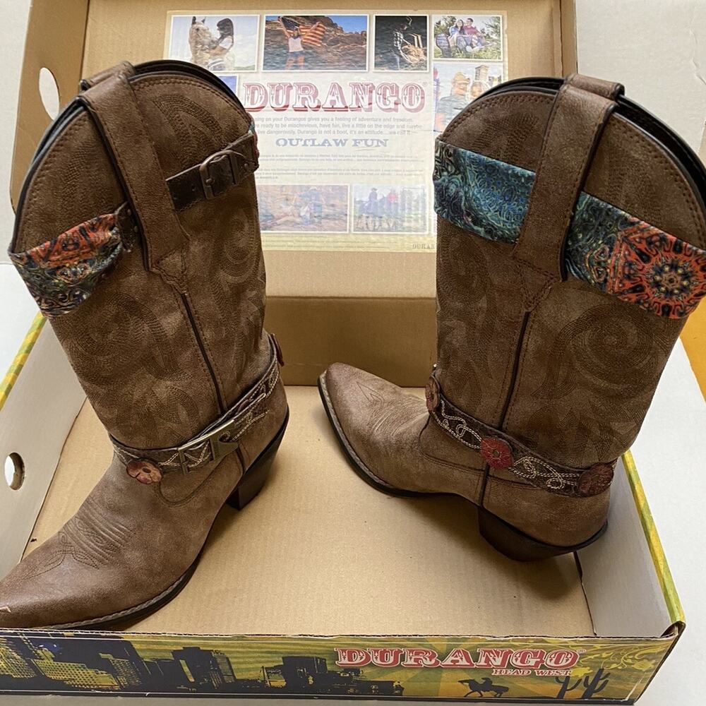 Durango Tan Heeled Boots with Colorful Patterns